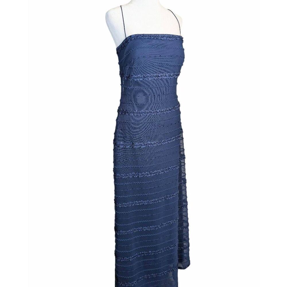 Y2K JS Collections Navy blue sequin & ruffle mesh spaghetti strap maxi dress 10 - Picture 2 of 9